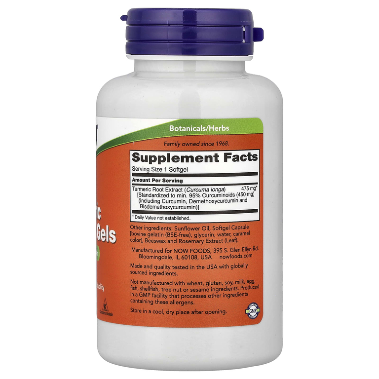 NOW Foods, капсулы с куркумином из куркумы, 60 капсул (475 мг в 1 капсуле)