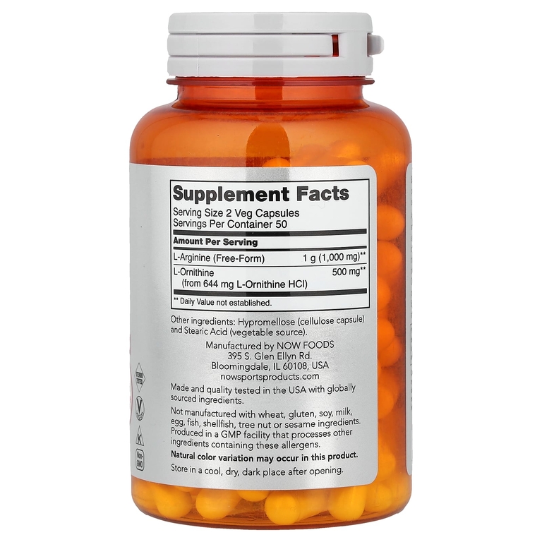 NOW Foods, Sports, аргинин и орнитин, 100 растительных капсул