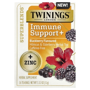 Twinings, Superblends™, поддержка иммунитета, травяной чай с гибискусом и бузиной, ежевика, без кофеина, 16 чайных пакетиков, 32 г (1,12 унции)