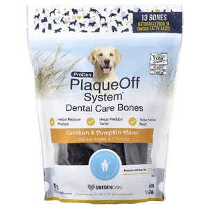 ProDen, PlaqueOff System™, Dental Care Bones, для средних и крупных собак, со вкусом курицы и тыквы, 13 костей, 482 г (17 унций)