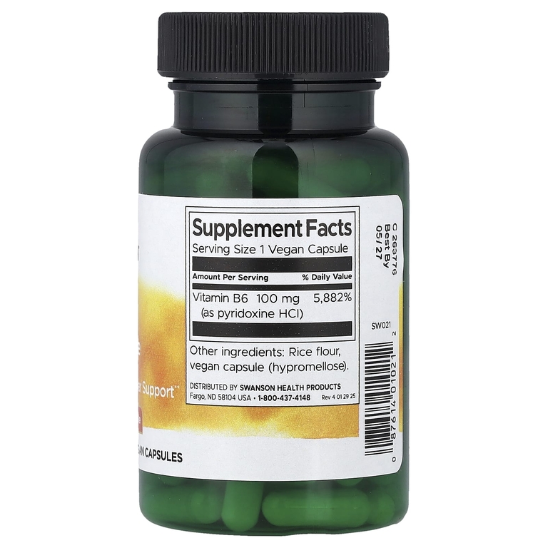 Swanson Vitamins, витамин B6 (пиридоксин), 100 мг, 100 веганских капсул