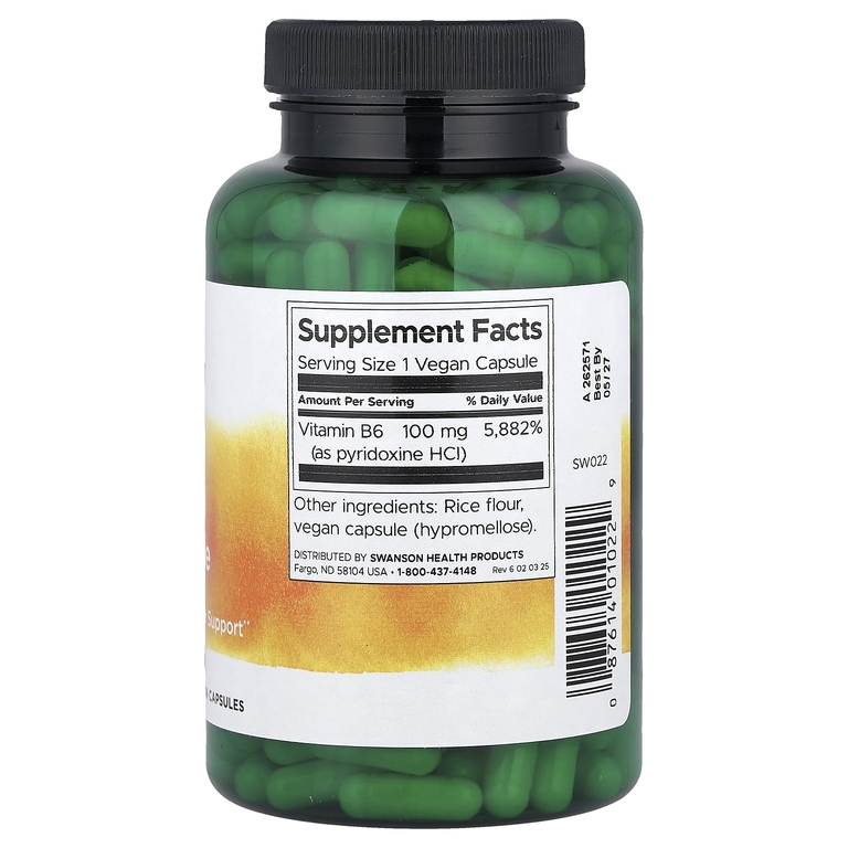 Swanson Vitamins, витамин B6 и пиридоксин, 100 мг, 250 веганских капсул
