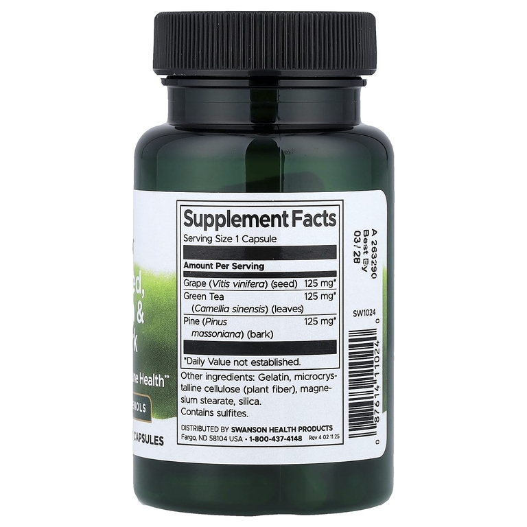 Swanson Vitamins, виноградные косточки, комплекс с зеленым чаем и сосновой корой, 60 капсул