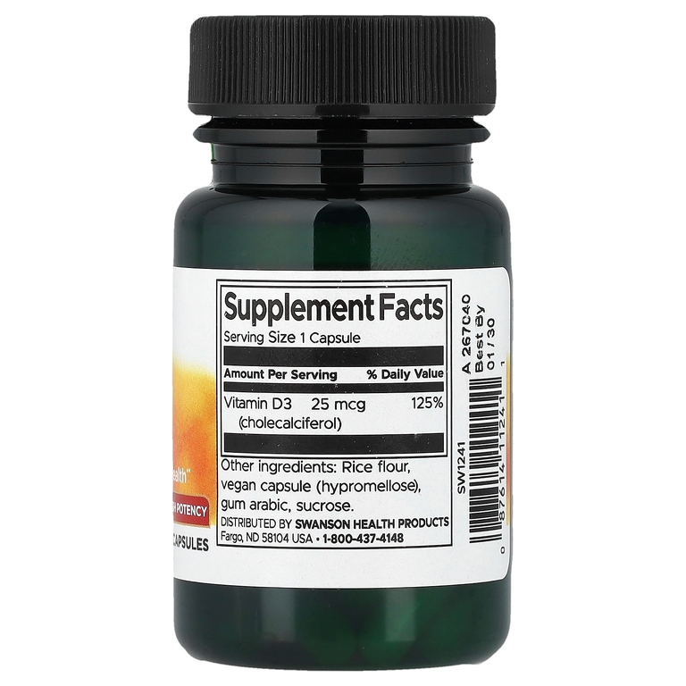 Swanson Vitamins, витамин D3, 25 мкг (1000 МЕ), 30 капсул