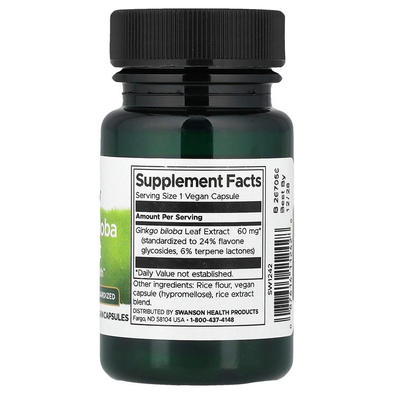Swanson Vitamins, экстракт гинкго билоба, стандартизированный, 60 мг, 30 веганских капсул