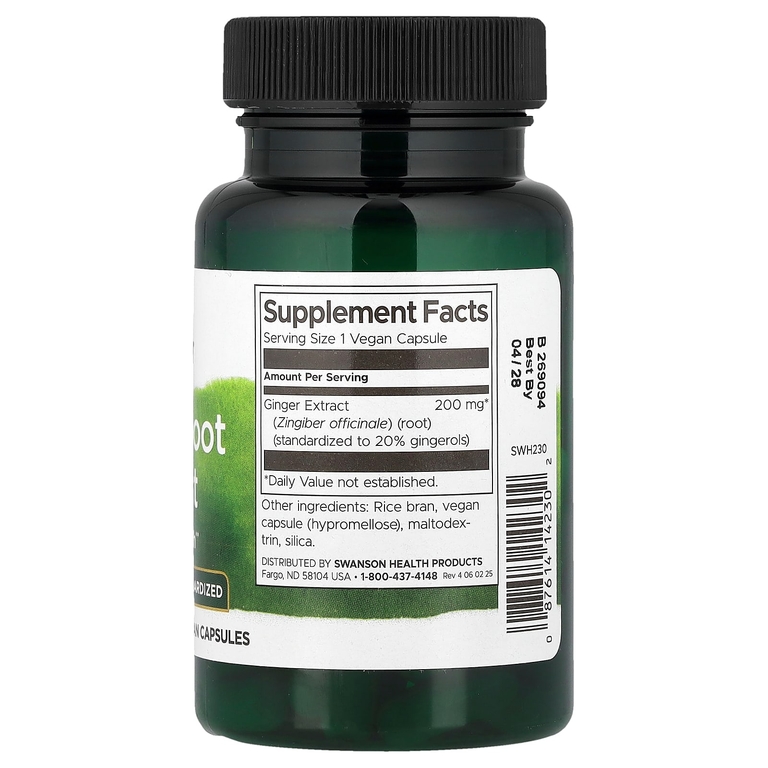Swanson Vitamins, стандартизованный экстракт корня имбиря, 60 растительных капсул (200 мг в 1 капсуле)