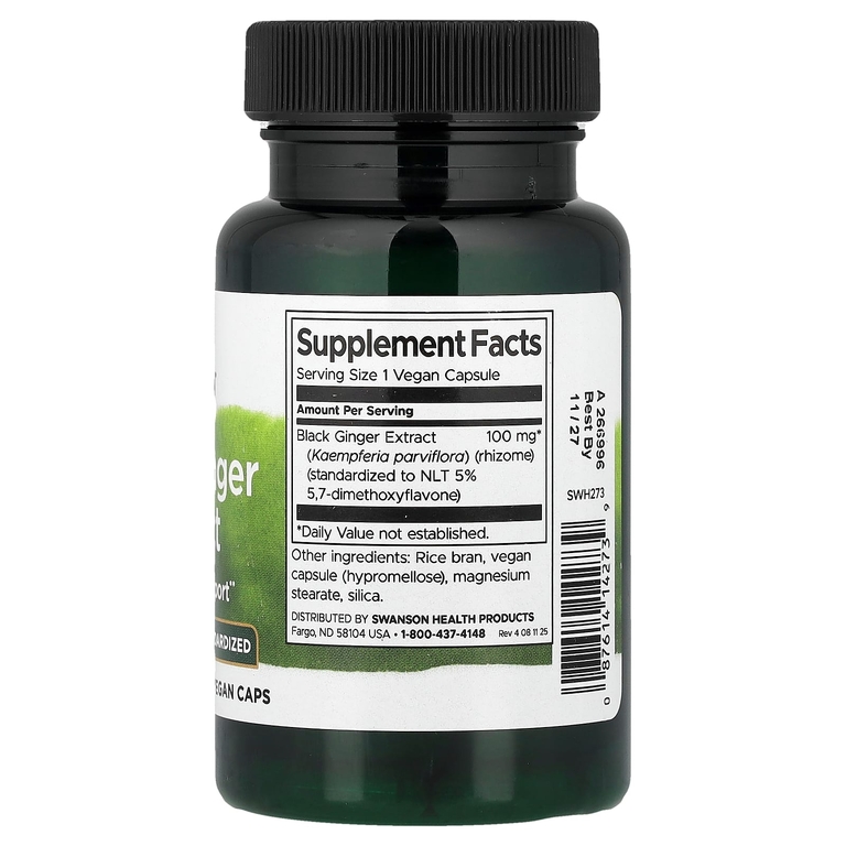 Swanson Vitamins, экстракт чёрного имбиря, стандартизированный, 100 мг, 30 веганских капсул