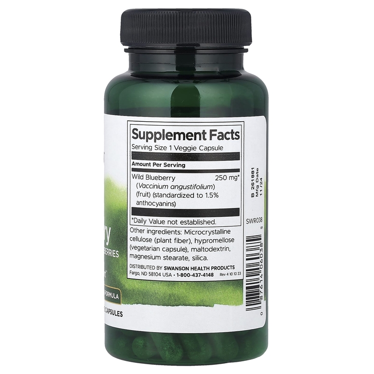 Swanson Vitamins, дикорастущая голубика с цельными ягодами дикой голубики, 250 мг, 90 растительных капсул