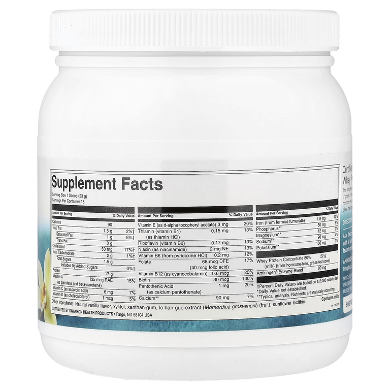 Swanson Vitamins, сертифицированный порошок из сывороточного протеина от коров травяного откорма без р-БГР, от коров травяного откорма, ваниль, 420 г (14,8 унции)