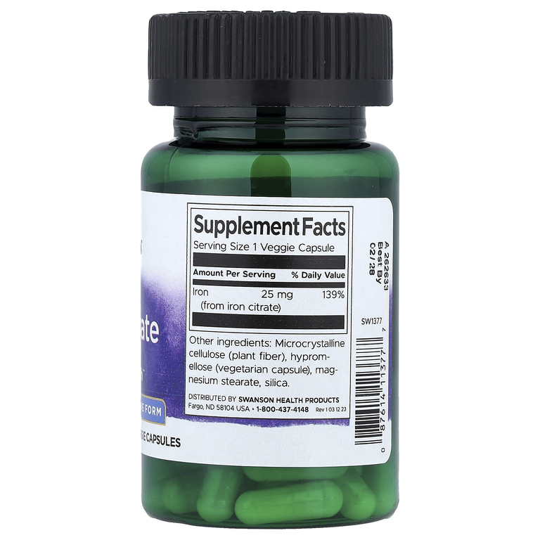 Swanson Vitamins, Цитрат железа, активная форма, 25 мг, 60 растительных капсул