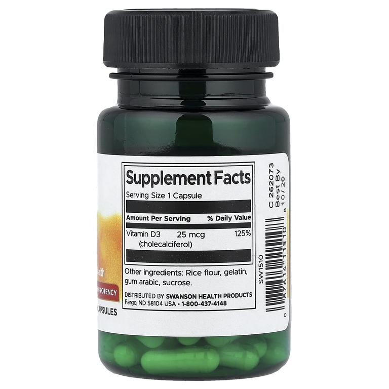 Swanson Vitamins, витамин D3, высокоактивный, 25 мкг (1000 МЕ), 60 капсул