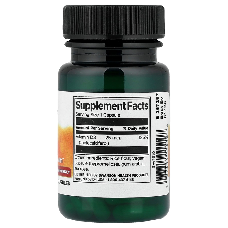 Swanson Vitamins, витамин D3, высокоактивный, 25 мкг (1000 МЕ), 60 капсул