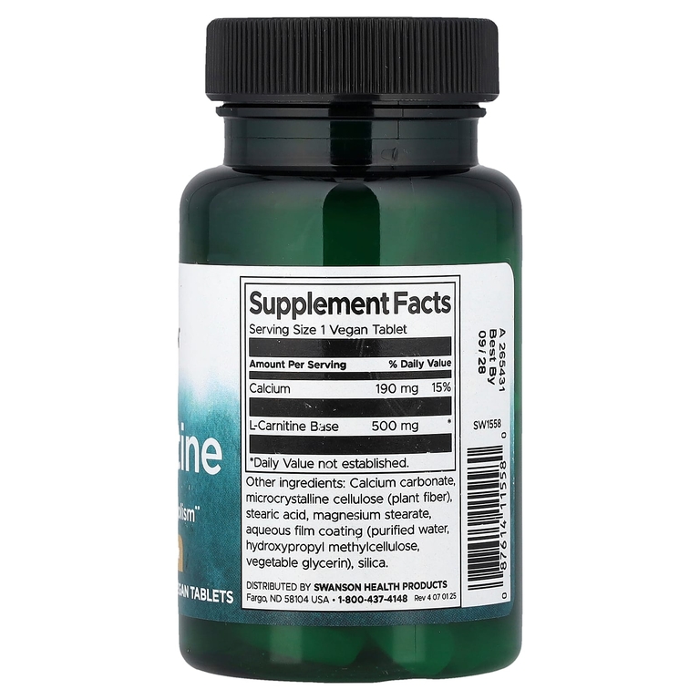 Swanson Vitamins, L-карнитин, 30 веганских таблеток