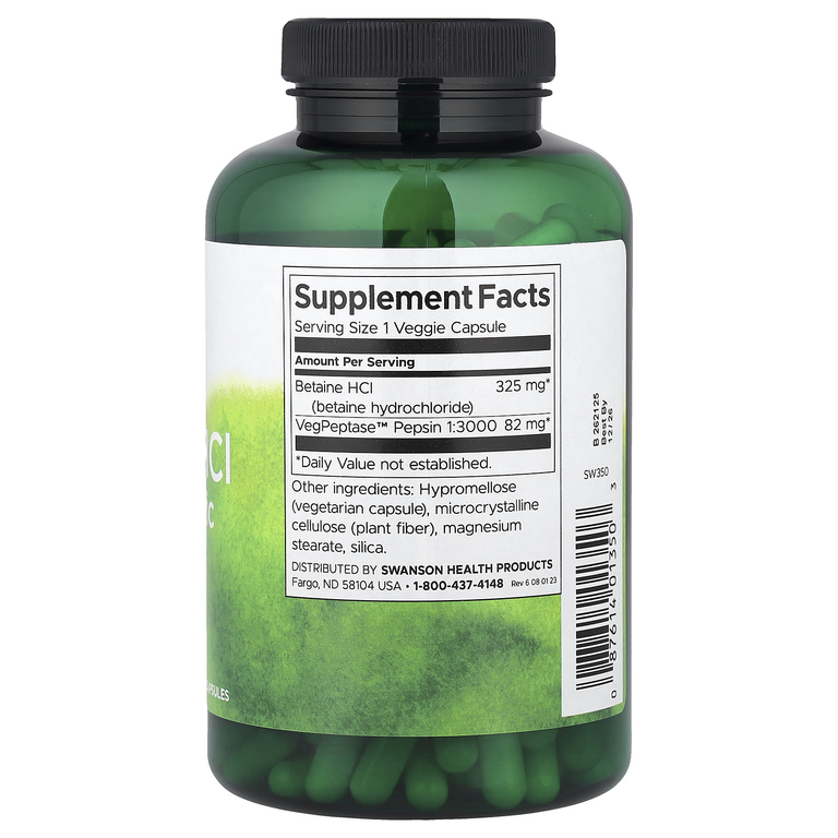 Swanson Vitamins, бетаин гидрохлорид, соляная кислота с VegPeptase™, 250 растительных капсул