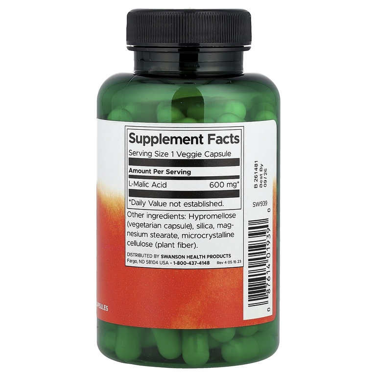 Swanson Vitamins, яблочная кислота, 600 мг, 100 растительных капсул