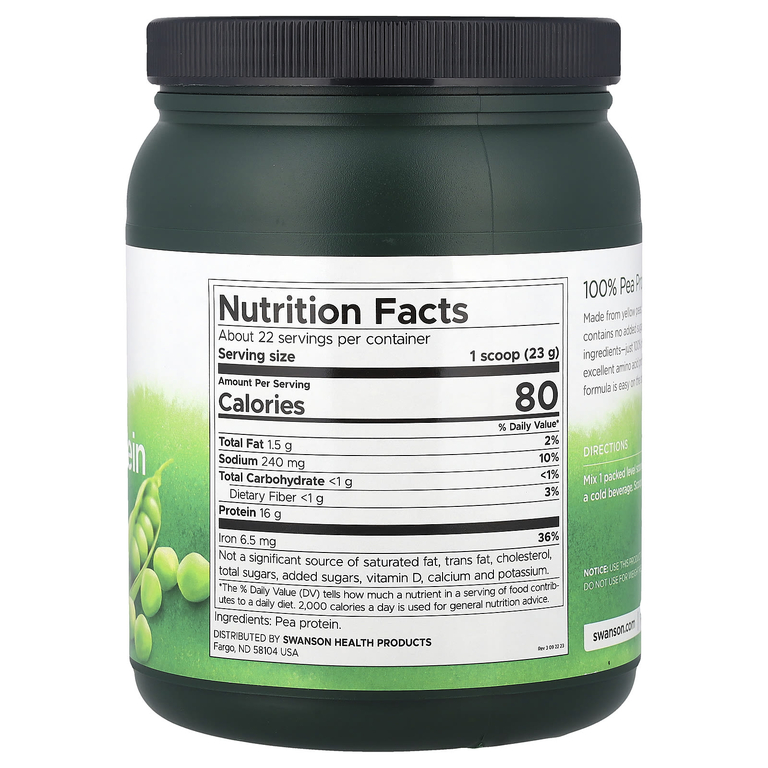 Swanson Vitamins, 100% порошок из горохового протеина, без добавок, 503 г (1,1 фунта)
