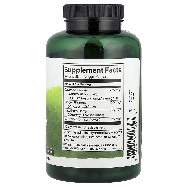 Swanson Vitamins, Кайенский перец с корневищем имбиря, ягодами боярышника и лецитином, 250 растительных капсул