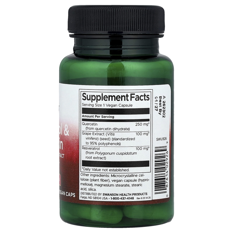Swanson Vitamins, ресвератрол и кверцетин с экстрактом виноградных косточек, 30 растительных капсул