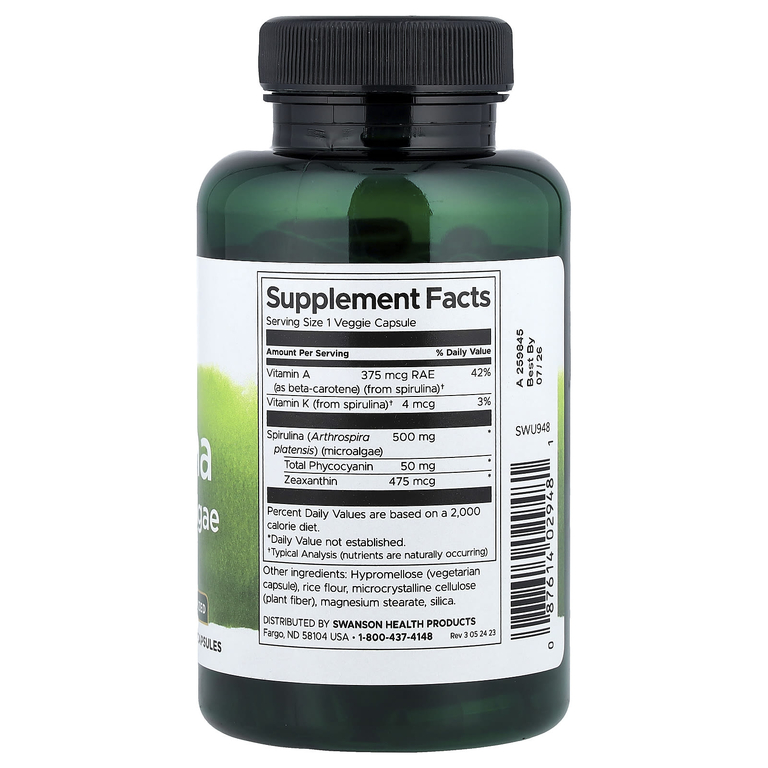 Swanson Vitamins, сине-зеленая водоросль спирулина, стандартизированная, 90 растительных капсул