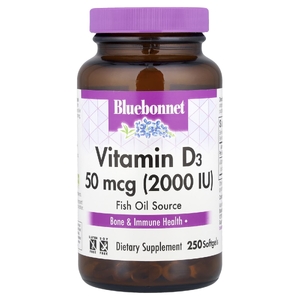 Bluebonnet Nutrition, витамин D3, 50 мкг (2000 МЕ), 250 капсул