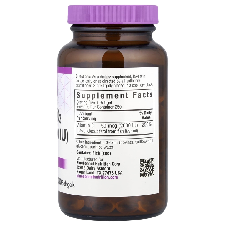 Bluebonnet Nutrition, витамин D3, 50 мкг (2000 МЕ), 250 капсул