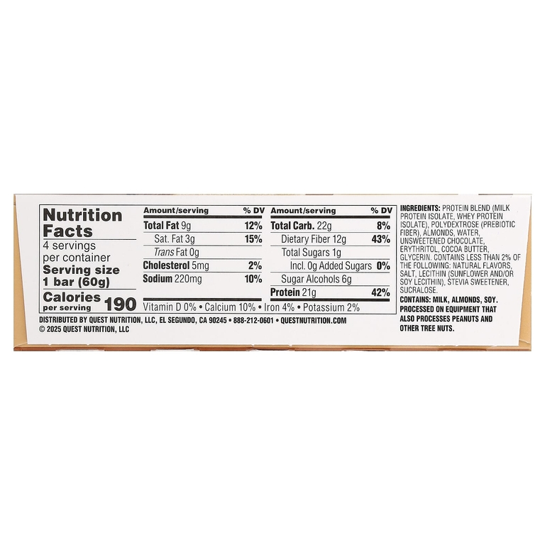 Quest Nutrition, Протеиновый батончик, тесто с шоколадной крошкой, 4 батончика, 60 г (2,12 унции)