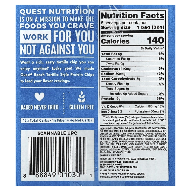 Quest Nutrition, Протеиновые чипсы по-тортильи, ранчо, 8 пакетиков по 32 г (1,1 унции)