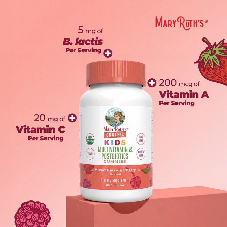 MaryRuth's, Organic, для детей, мультивитамины и жевательные таблетки от постбиотиков, смесь ягод и вишни, 60 жевательных таблеток