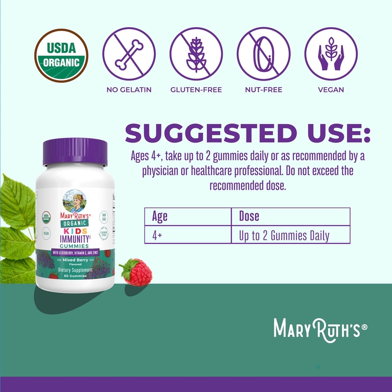 MaryRuth's, органические жевательные таблетки для поддержки иммунитета для детей, с бузиной, витамином C и цинком, со вкусом ягодного ассорти, 60 жевательных таблеток