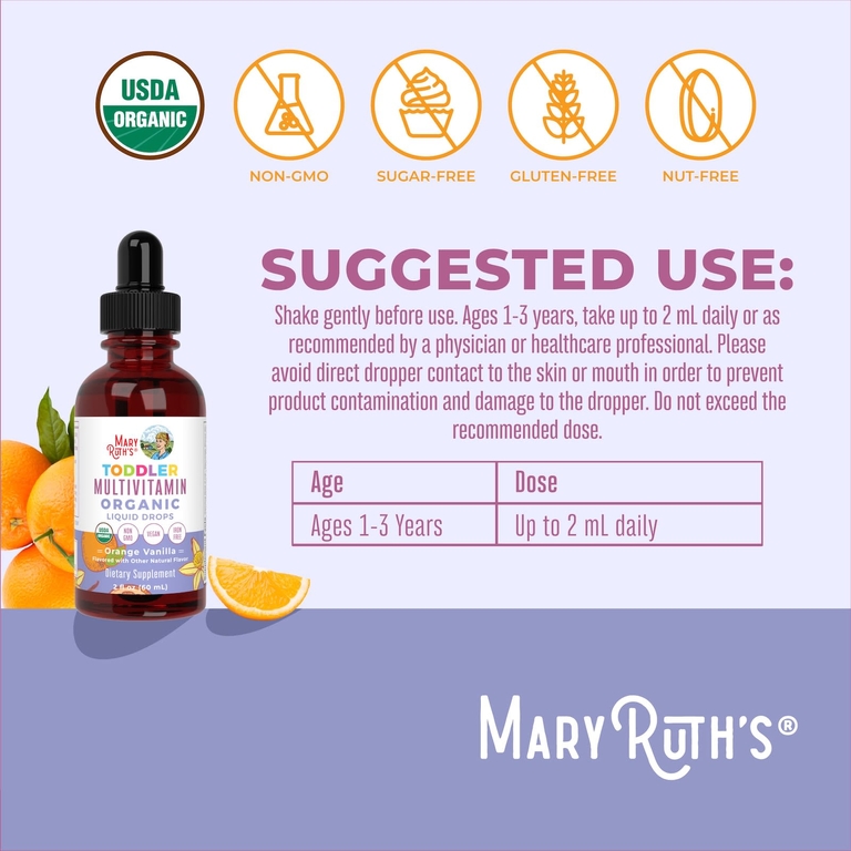 MaryRuth's, Органические мультивитамины для малышей, 1–3 года, апельсин и ваниль, 2 жидк. унции (60 мл)