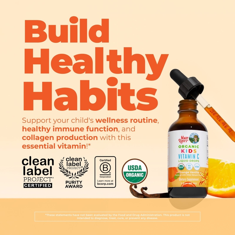 MaryRuth's, Organic, жидкие капли с витамином C для детей, для детей от 4 до 13 лет, с апельсином и ванилью, 60 мл (2 жидк. унц.)