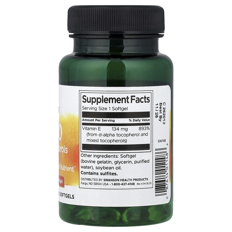 Swanson Vitamins, витамин E, смешанные токоферолы, 134 мг (200 МЕ), 100 мягких таблеток