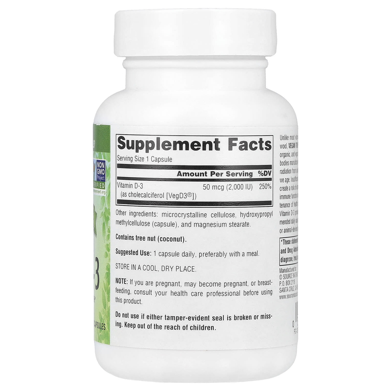 Source Naturals, Vegan True®, витамин D3 без ГМО, 50 мкг (2000 МЕ), 120 веганских капсул