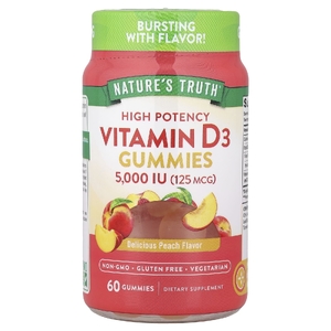 Nature's Truth, витамин D3, высокоэффективный, со вкусом персика, 125 мкг (5000 МЕ), 60 жевательных таблеток