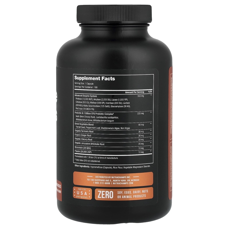 NutraChamps, пищеварительные ферменты с пребиотиками и пробиотиками, 180 веганских капсул