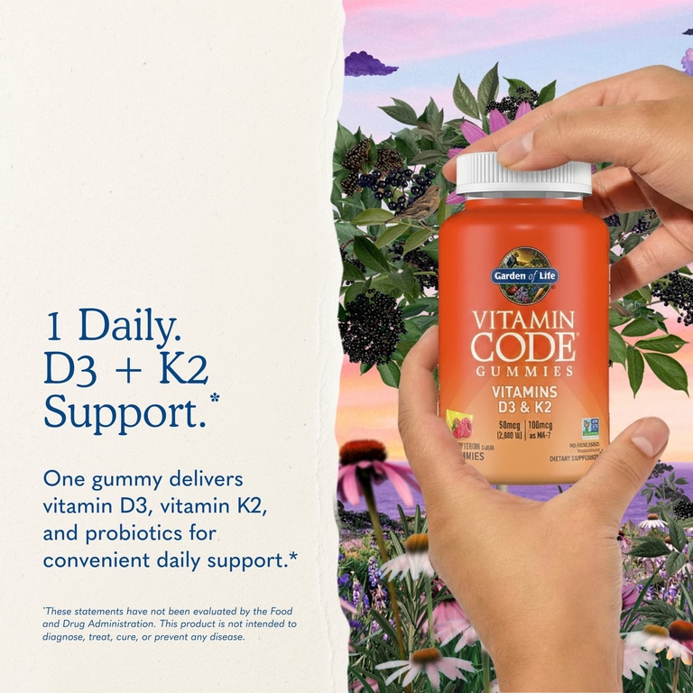 Garden of Life, Vitamin Code®, жевательные таблетки, витамины D3 и K2, со вкусом малины и лимона, 45 жевательных таблеток