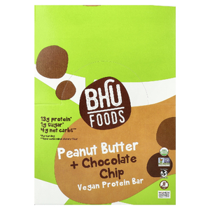 BHU Foods, Веганский протеиновый батончик, арахисовая паста и шоколадная крошка, 12 батончиков по 45 г (1,6 унции)