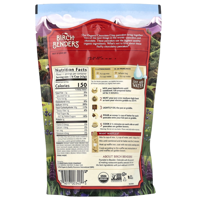 Birch Benders, комплексная смесь для блинов и вафель, органическая шоколадная крошка, 454 г (1 фунт)