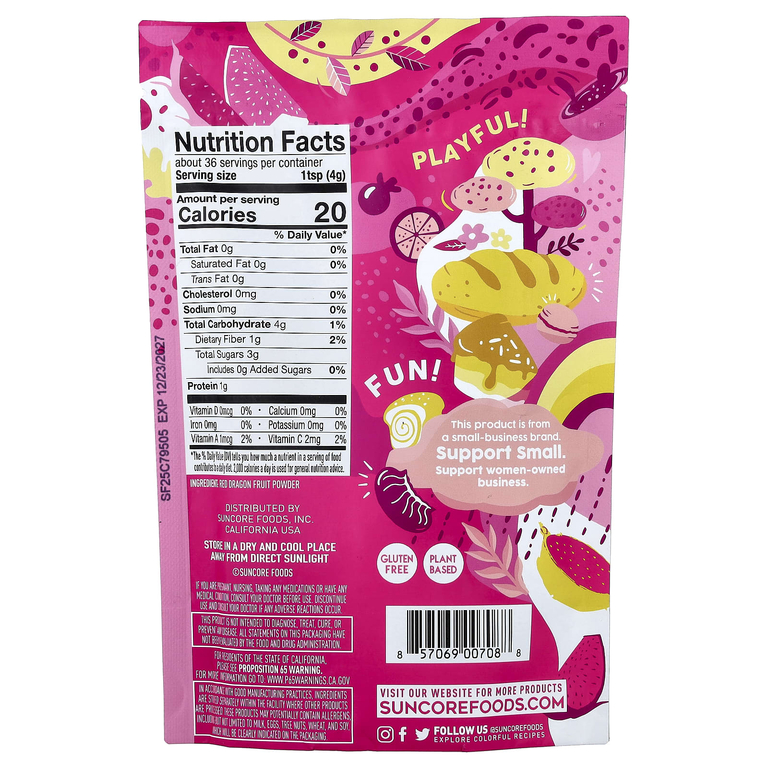 Suncore Foods, порошок из розовой питахайи, красная питахайя, 142 г (5 унций)