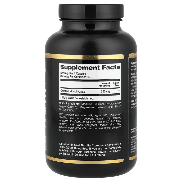 California Gold Nutrition, Sport, чистый моногидрат креатина, без вкусовых добавок, 750 мг, 240 растительных капсул