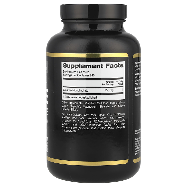 California Gold Nutrition, Sport, чистый моногидрат креатина, без вкусовых добавок, 750 мг, 240 растительных капсул