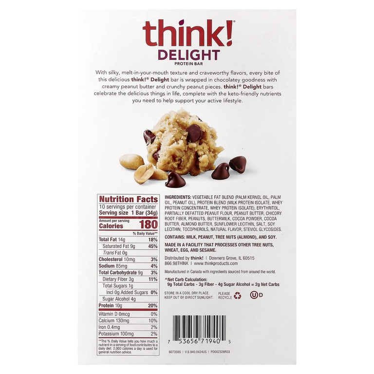 Think !, Delight протеиновый батончик, печенье с шоколадом и арахисовой пастой, 10 батончиков по 34 г (1,2 унции)