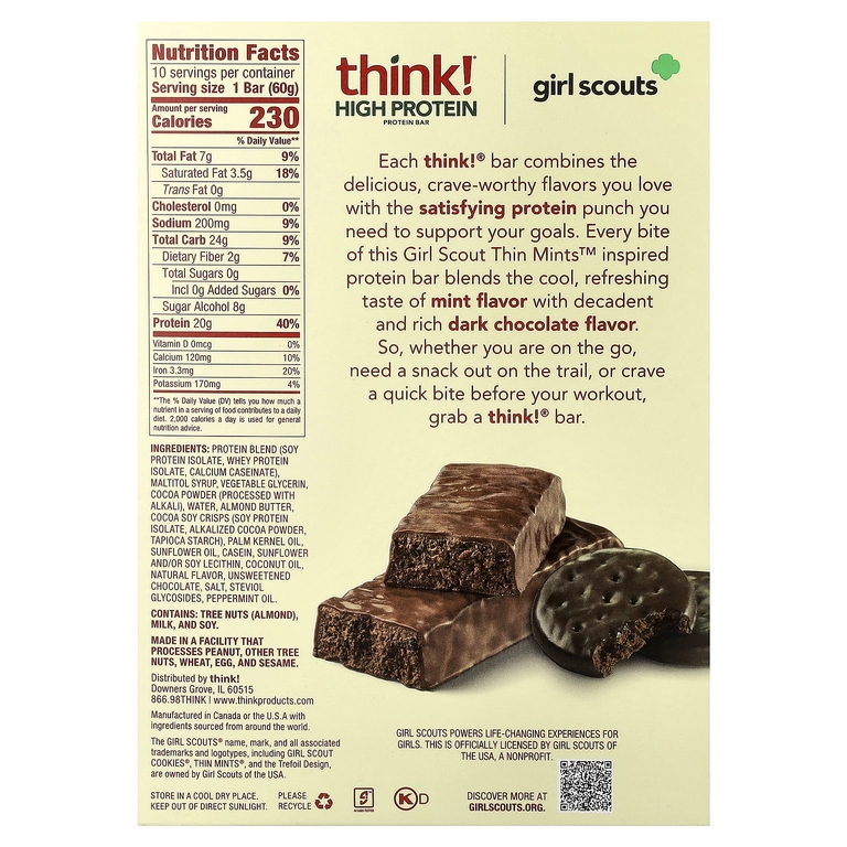 think!, высокопротеиновые батончики, Girl Scouts Thin Mints™, 10 батончиков, 60 г (2,1 унции) каждый