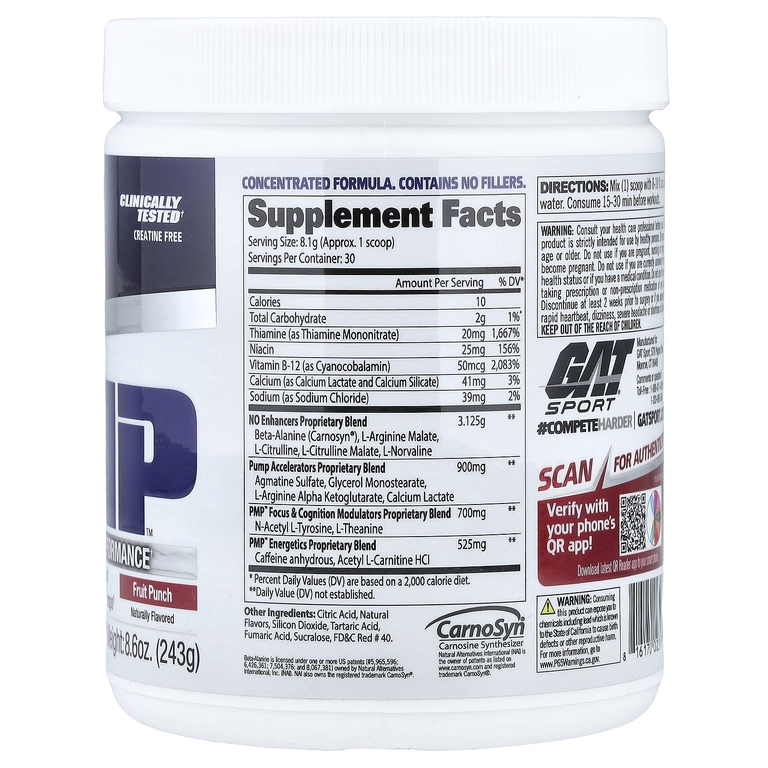 GAT, PMP™, предтренировочный комплекс, со вкусом фруктового пунша, 243 г (8,6 унции) (Товар снят с продажи) 