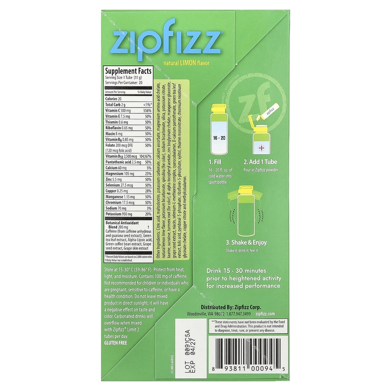 Zipfizz, смесь для энергетического напитка, со вкусом лимона, 20 тюбиков по 11 г (0,39 унции)