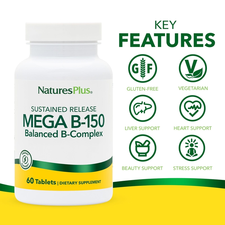 NaturesPlus, Mega B150, витамин B с длительным высвобождением, 60 таблеток