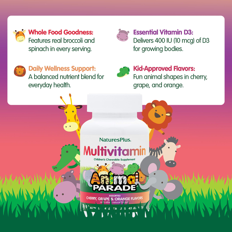 NaturesPlus, Animal Parade®, жевательные мультивитамины для детей, со вкусом вишни, винограда и апельсина, 90 таблеток в форме животных