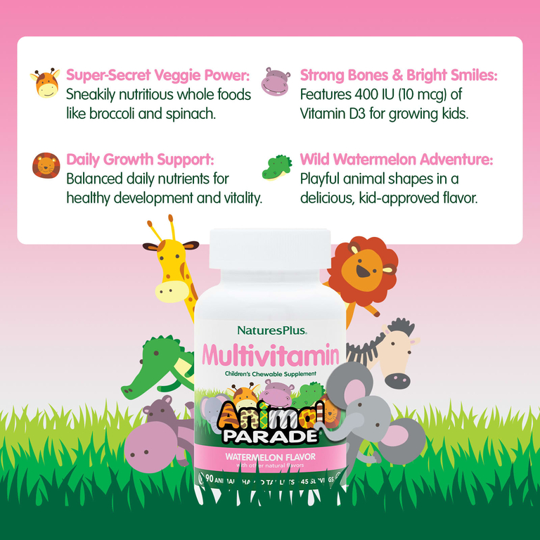 NaturesPlus, Animal Parade®, жевательные мультивитамины для детей, со вкусом арбуза, 90 таблеток в форме животных