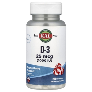 KAL, D-3, мята, 25 мкг (1000 МЕ), 200 жевательных таблеток