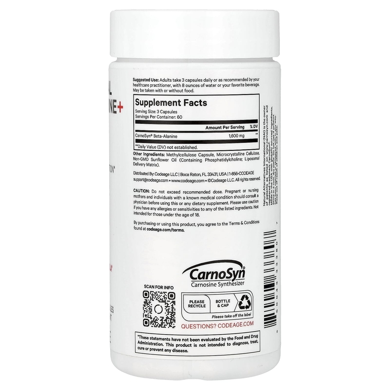 Codeage, Liposomal Beta-Alanine +, Centurion, CarnoSyn, улучшенное усвоение, 180 капсул (533 мг на капсулу)